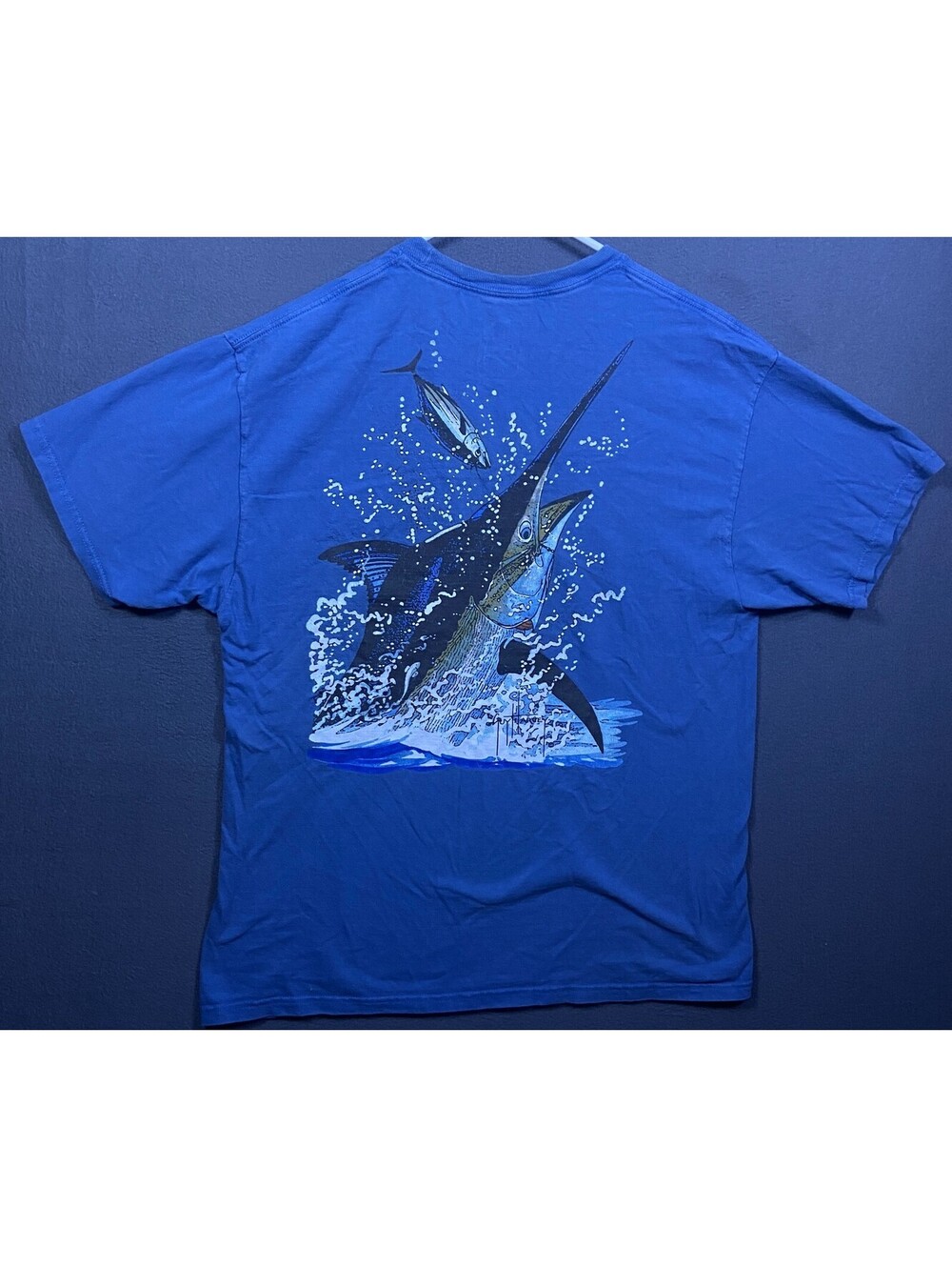 Vintage Guy Harvey Blue Marlin Bonefish Fish Beach T-Shirt 100% Cotton Men L EUC